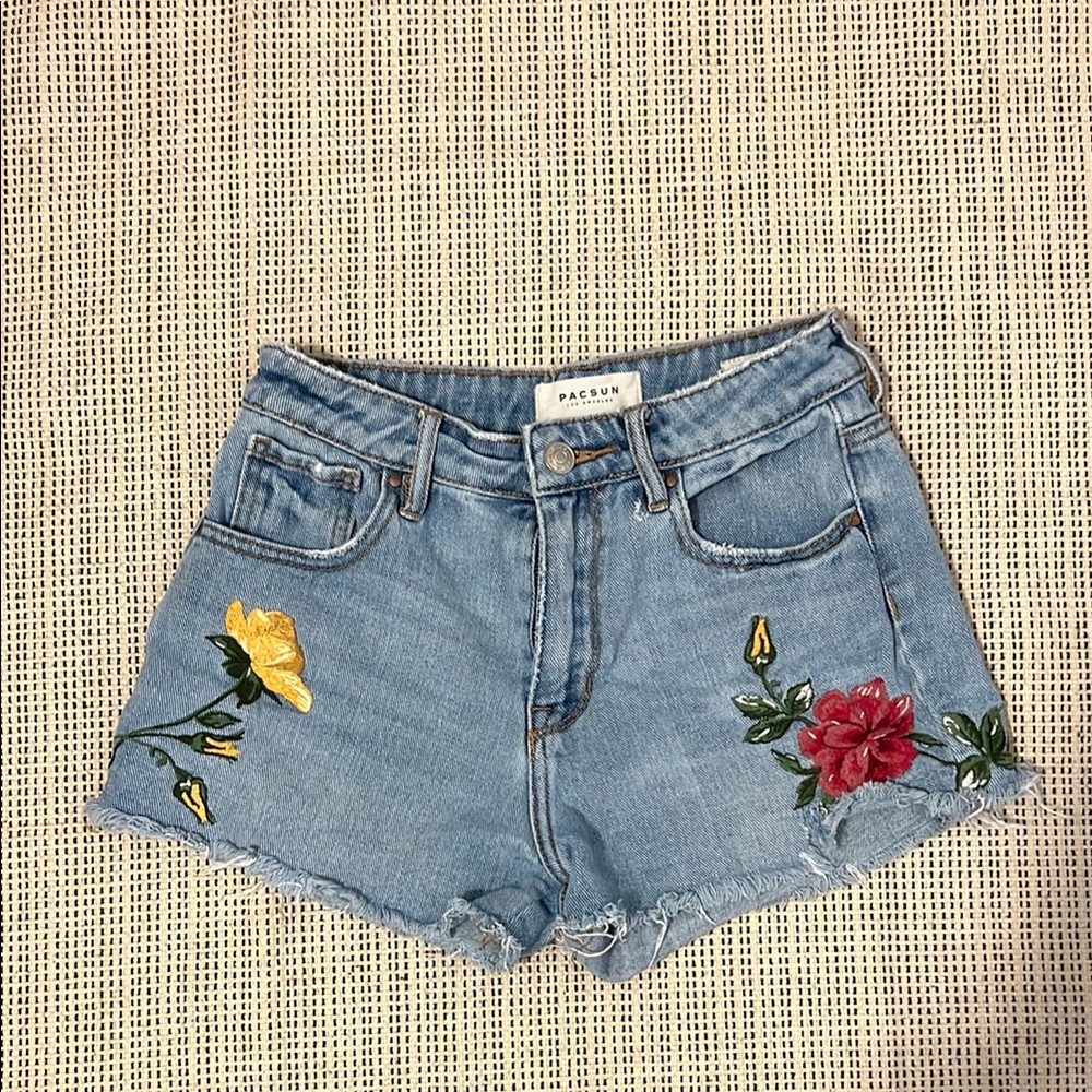 PacSun Blue Jean Shorts with Vintage Floral Embroidery